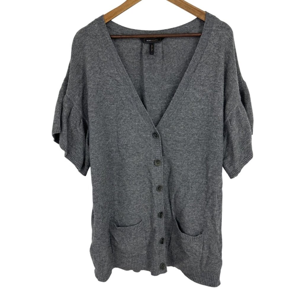 BCBG Max Azria Gray Button-Front Short Sleeve Cardigan Sweater Size L